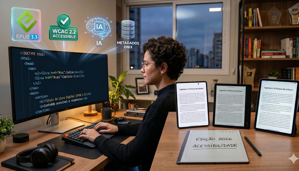 Ilustração representando a produção profissional de livros digitais em 2026, com ePub3, acessibilidade, metadados e IA no fluxo editorial