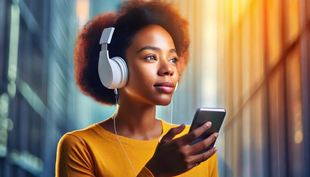 Pessoa cega usando smartphone para ouvir um livro digital, representando acessibilidade