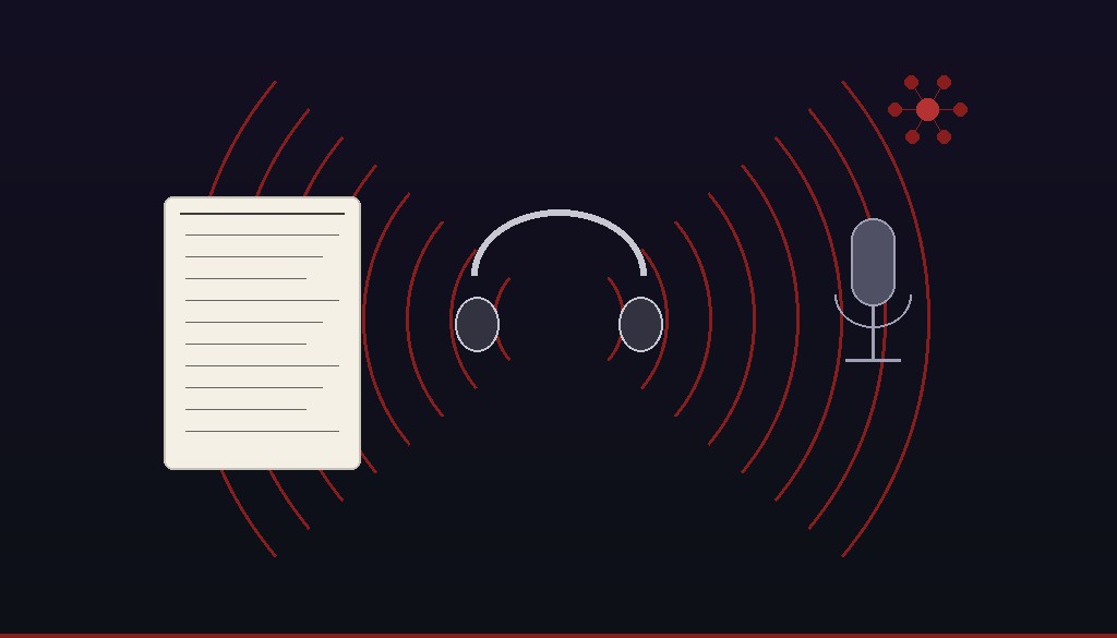 Fones de ouvido com ondas sonoras e livro, representando audiolivros narrados por IA