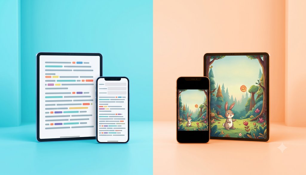 Montagem dividida em duas metades. À esquerda, sobre fundo azul, um tablet e um celular exibem linhas de texto que se reorganizam na tela, representando o ePub em layout fluido. À direita, sobre fundo laranja, um celular e um tablet mostram a mesma cena ilustrada de um livro infantil, representando o ePub em layout fixo.