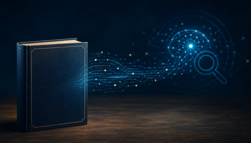 Livro fechado sobre uma mesa de madeira, com linhas de dados luminosas saindo da capa em direção a uma rede neural e a uma lupa, representando metadados sendo lidos por sistemas automatizados
